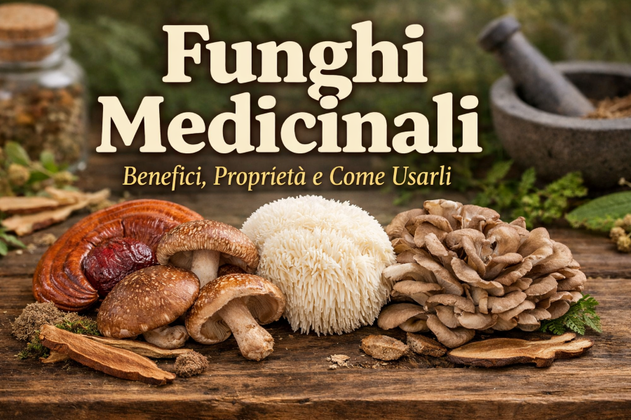 Funghi medicinali come reishi, shiitake, maitake e lion’s mane su tavolo rustico con erbe naturali, simbolo di benessere naturale e alimentazione funzionale