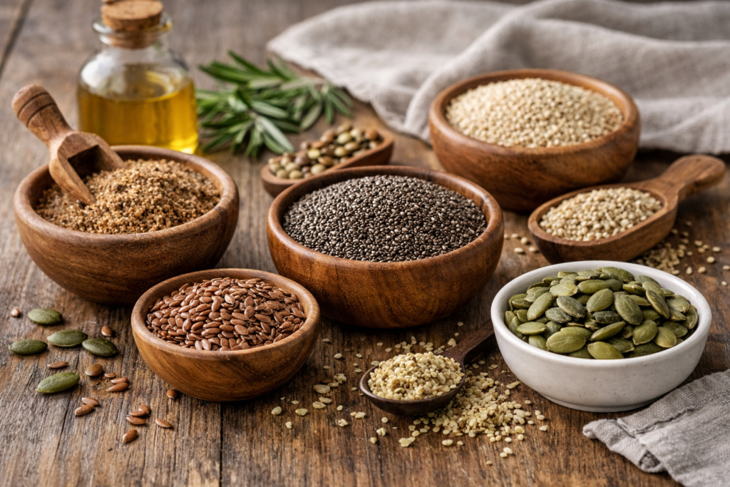 Assortimento di semi della salute in ciotole di legno su tavolo rustico: semi di chia, lino, zucca, sesamo e canapa ricchi di nutrienti naturali.