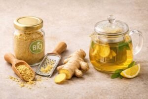 zenzero in polvere grattugia per zenzero e tisaniera strumenti per preparare tisana allo zenzero