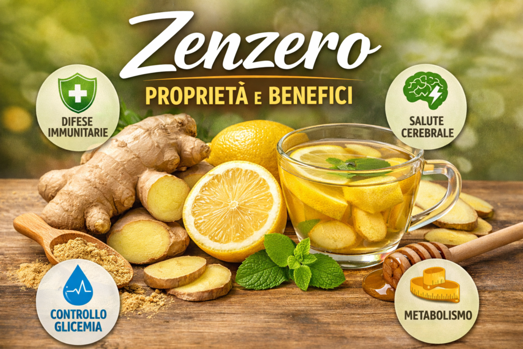 Zenzero fresco con limone e tisana calda, immagine che rappresenta proprietà e benefici dello zenzero per sistema immunitario, digestione e metabolismo.