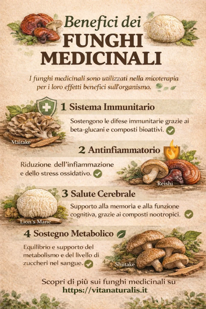 infografica sui benefici dei funghi medicinali maitake reishi lion's mane shiitake per sistema immunitario cervello infiammazione metabolismo