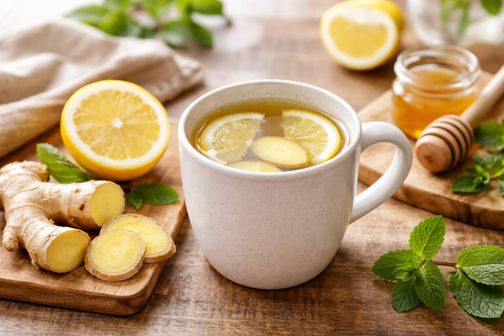 Tazza di acqua calda con zenzero e limone al mattino su tavolo in legno, bevanda naturale per la digestione